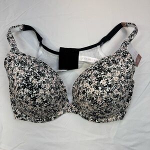 NWT Cacique Cotton Boost Plunge Bra 42DD Gray/black/pink floral Lane Bryant